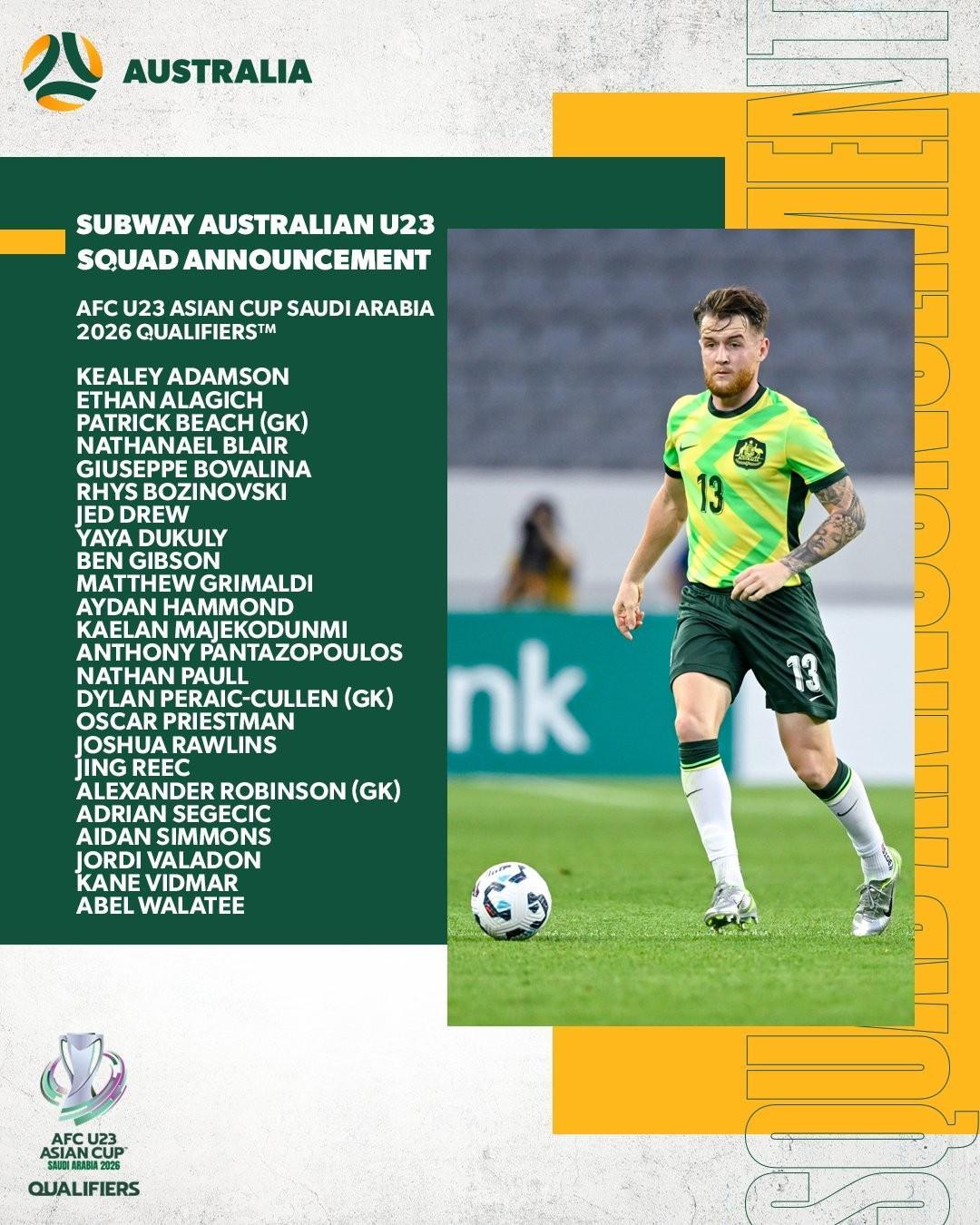 开云APP-澳大利亚U23名单：5名海外球员入选，9月9日对阵中国U23